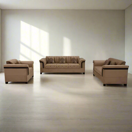 Beige sofa set in a showroom with 'Lahore Furniture' branding.