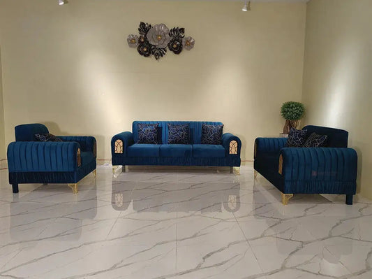 Blue sofa set in a showroom with 'Lahore Furniture' branding.