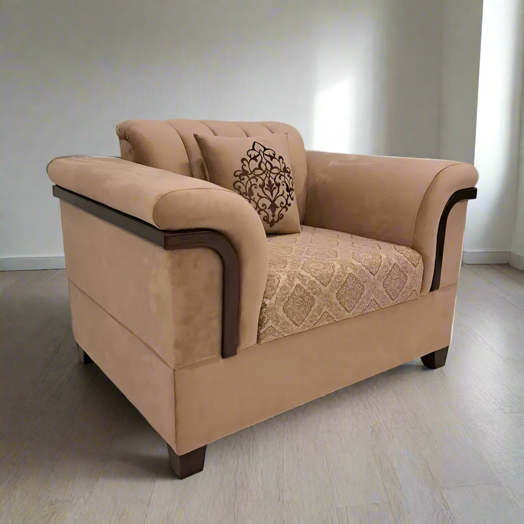 Beige armchair with decorative pillow on a marble floor, branded 'Lahore Furniture'.
